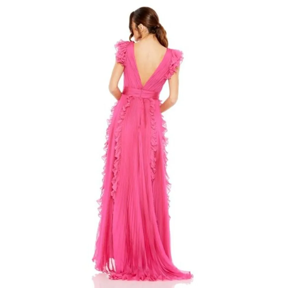 MAC DUGGAL Pleated Ruffle Cap Sleeve Chiffon Gown in Fuchsia Size US 8 - Image 10