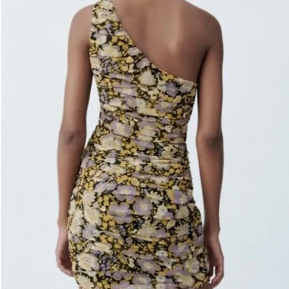 Zara Floral Yellow Purple Glitter Drape One Shoulder Bodycon Dress, Sz S - Image 2