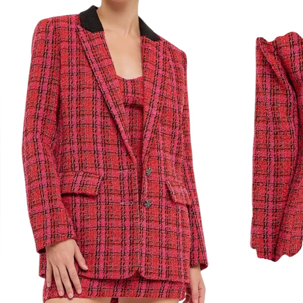 Endless Rose NEW Plaid Bouclé Blazer Red & Pink - Image 2