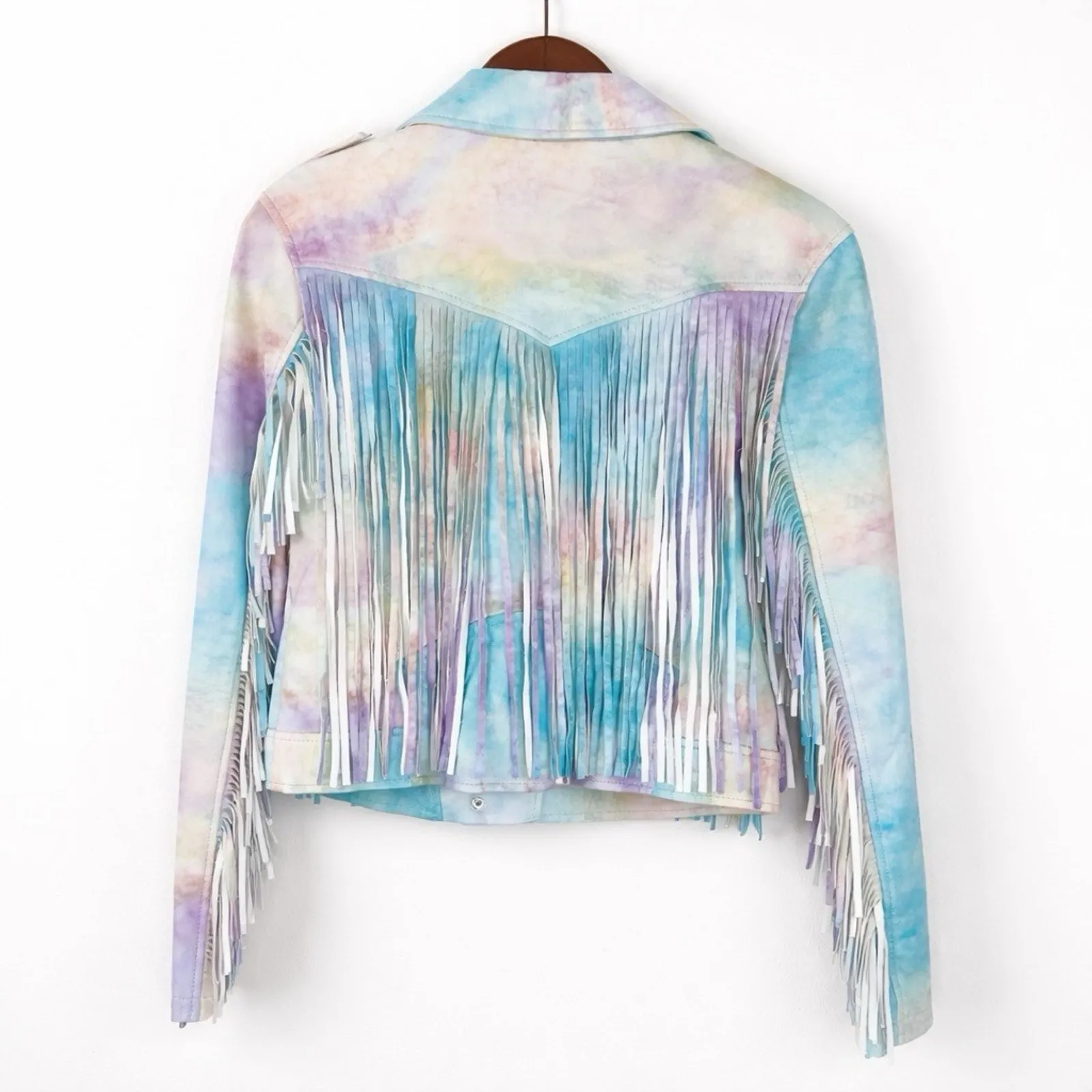 BLANK NYC Tie Dye Faux leather S Fringe Moto Jacket Pastel Multicolor Blue - Image 4