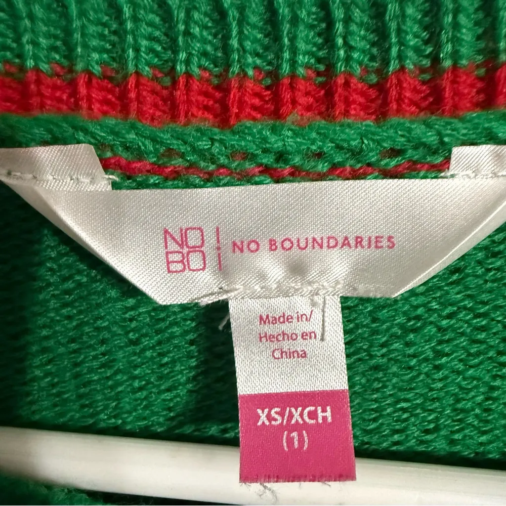 No Boundaries Festive Green Sweater with Red and White Patterns - Image 4