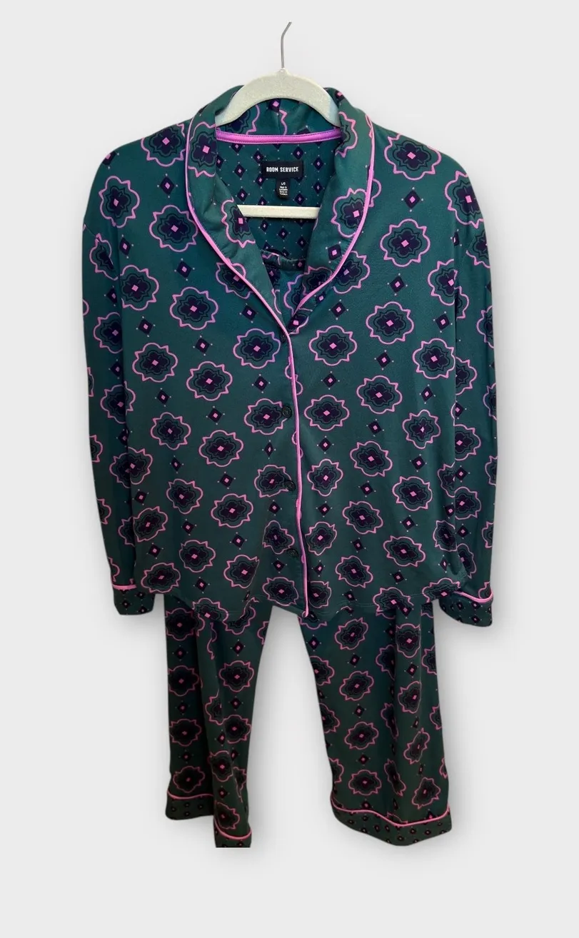Room Service Womens Pajama Set L Green Pink Floral Loungewear Sleepwear Size L - Image 1