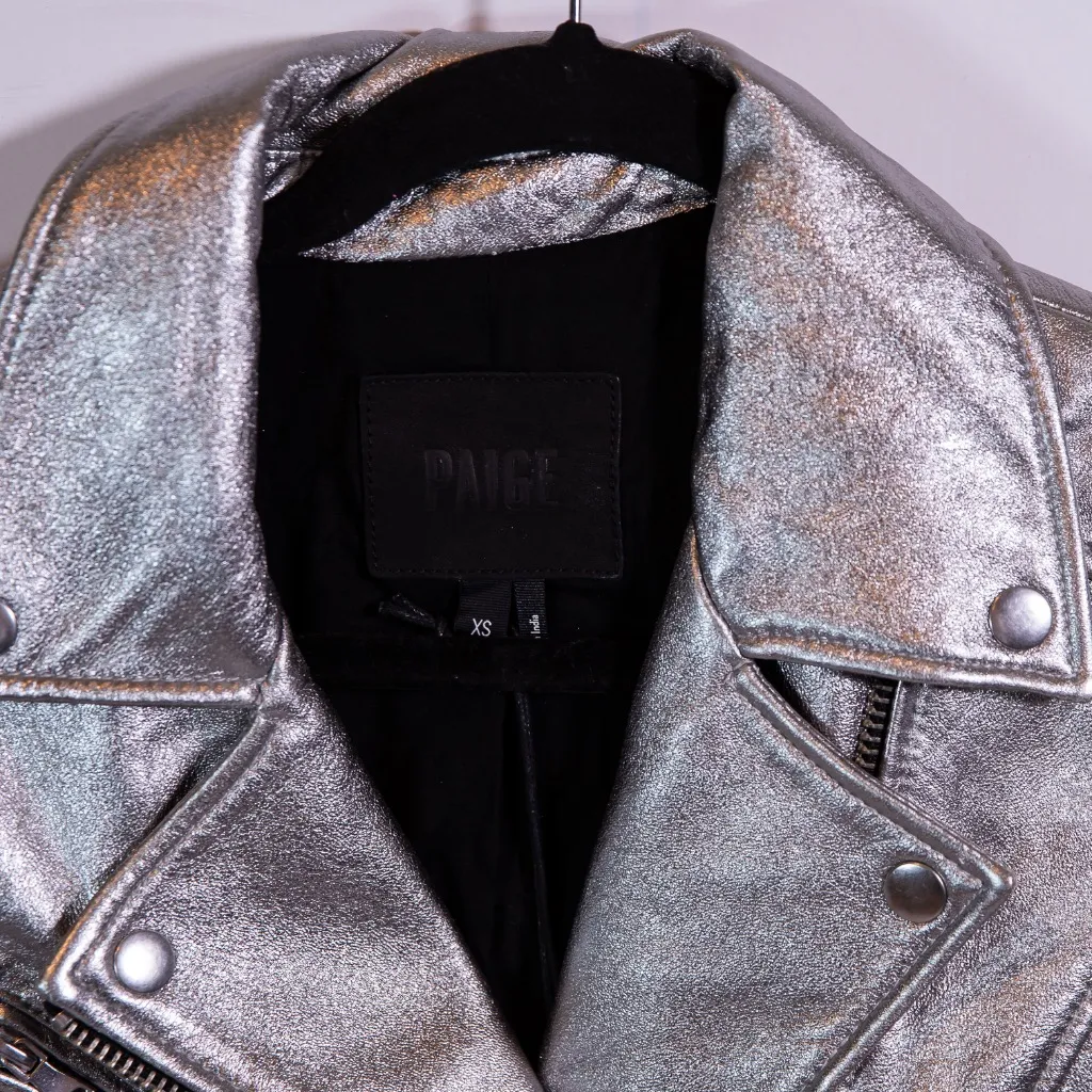 NEW Paige Ashby Metallic Genuine Leather Full Zip Motorcycle Jacket Silver XS - Image 2