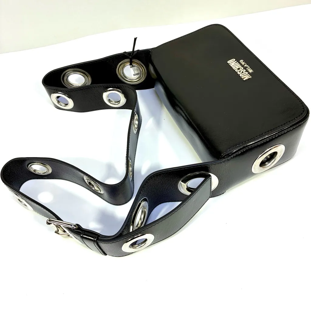 Moschino Couture Metal Logo Crossbody Shoulder Bag Black NWT Eyelets - Image 8