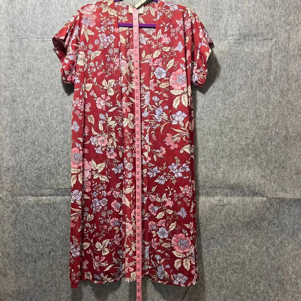 Vintage JCPenney Red Floral Short Sleeve Cardigan Open Front Sheer Casual Lounge Size M - Image 5
