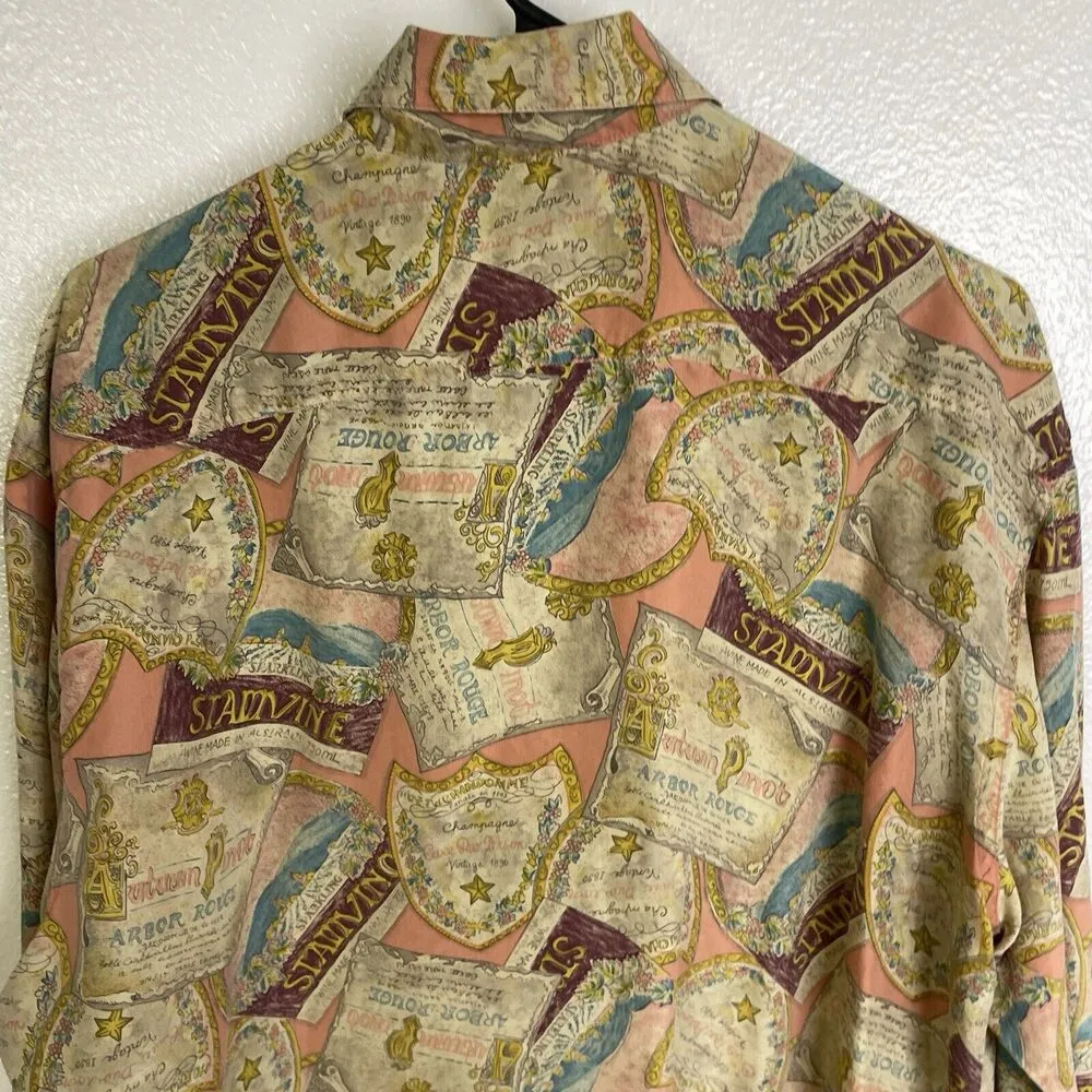 Rouie Women's Silk Blouse Size 12 Button Up Shirt Top Multi Vino Wine Print Tan - Image 10