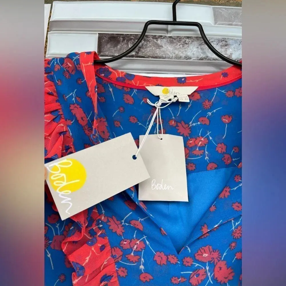 Boden Elise Coral Cyan Meadow Floral Midi Dress 8 Blue - Image 8