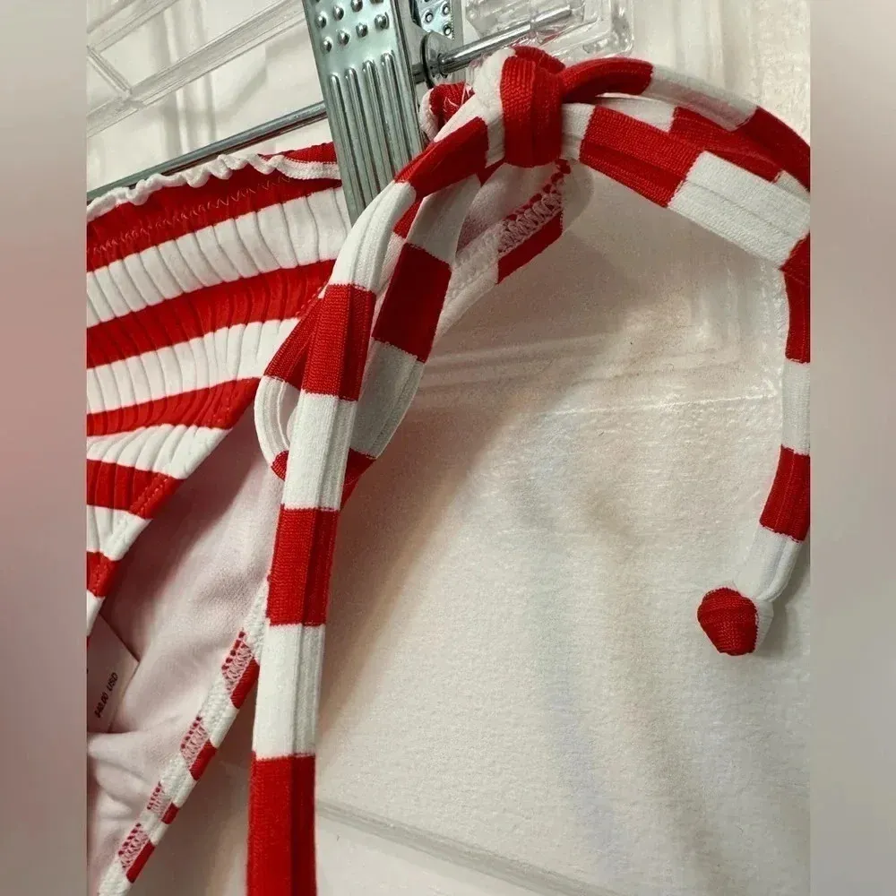 Roxy Hello July Side Tie Bikini Bottoms red and white stripe NWT - Image 5