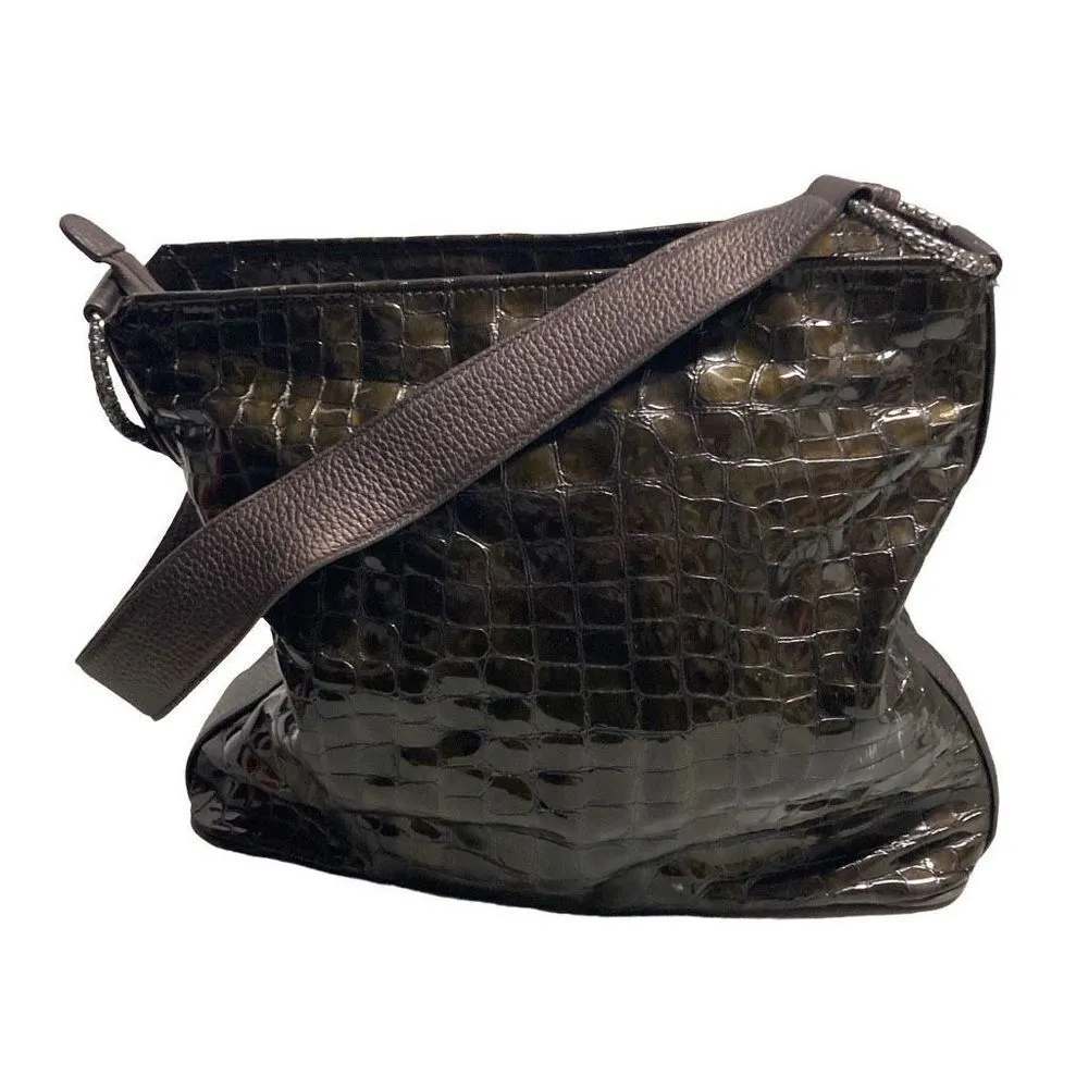 Brighton Women’s Embossed Croc Patent‎ Shiny Leather Shoulder Bag Golden Brown - Image 2