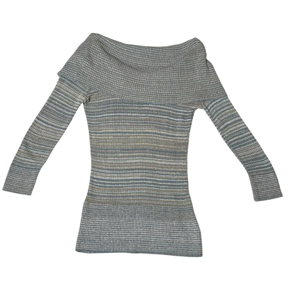 My Michelle Gray Striped Chevron Knit Off‎ Shoulder Blouse 3/4 Sleeve Size M - Image 2
