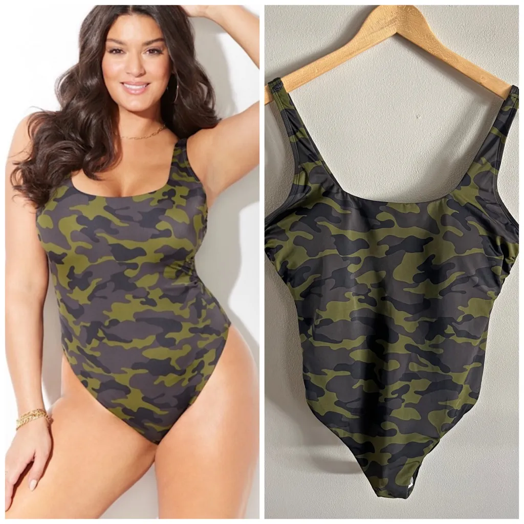 Swimsuits For All Camo One Piece Swimsuit Size 16 Scoop Neck High Cut Green - Image 2