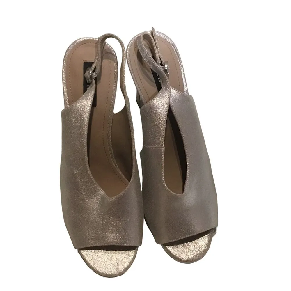 DKNY Glitz MET Suede Leather Silver Peep Toe Cocktail Party Sandal Heels - Image 3