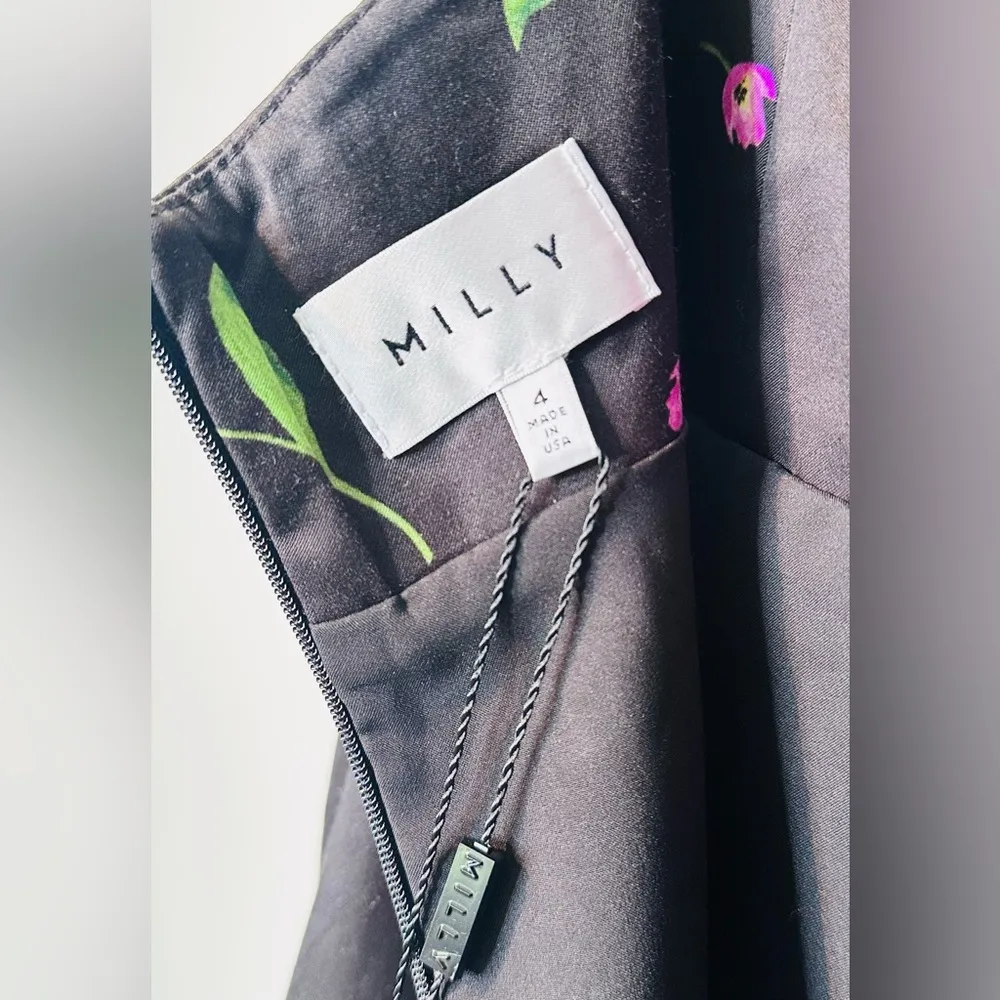 Milly Uma Satin Black Purple Floral Midi Sheath Dress Size 4 NWT - Image 12