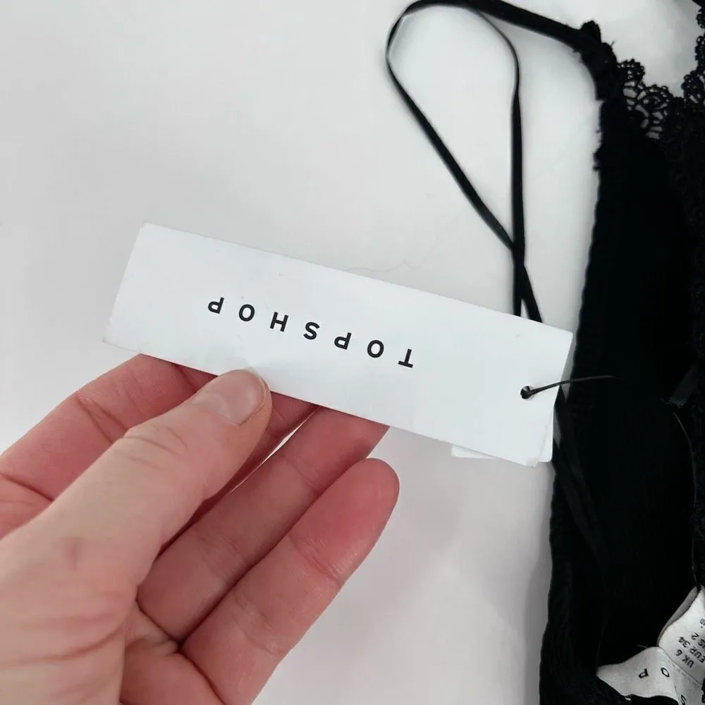 NWT Topshop Bodysuit Top Ribbed Knit and Lace Trim‎ Strappy Straps Black Size US - Image 8