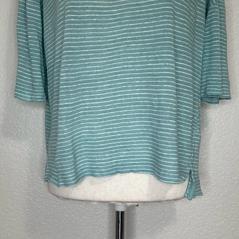 Nicole Miller 100% Linen Mint Green White Striped Short Sleeves Tee - Image 4