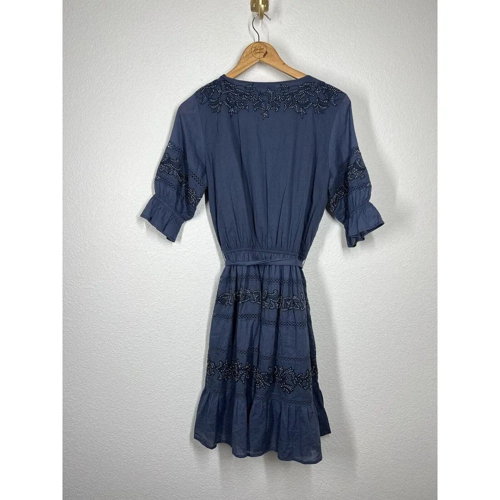 Love Sam Beaded Embroidered Boho Dress Small Dark Blue Ruffle Lace Anthropologie - Image 6