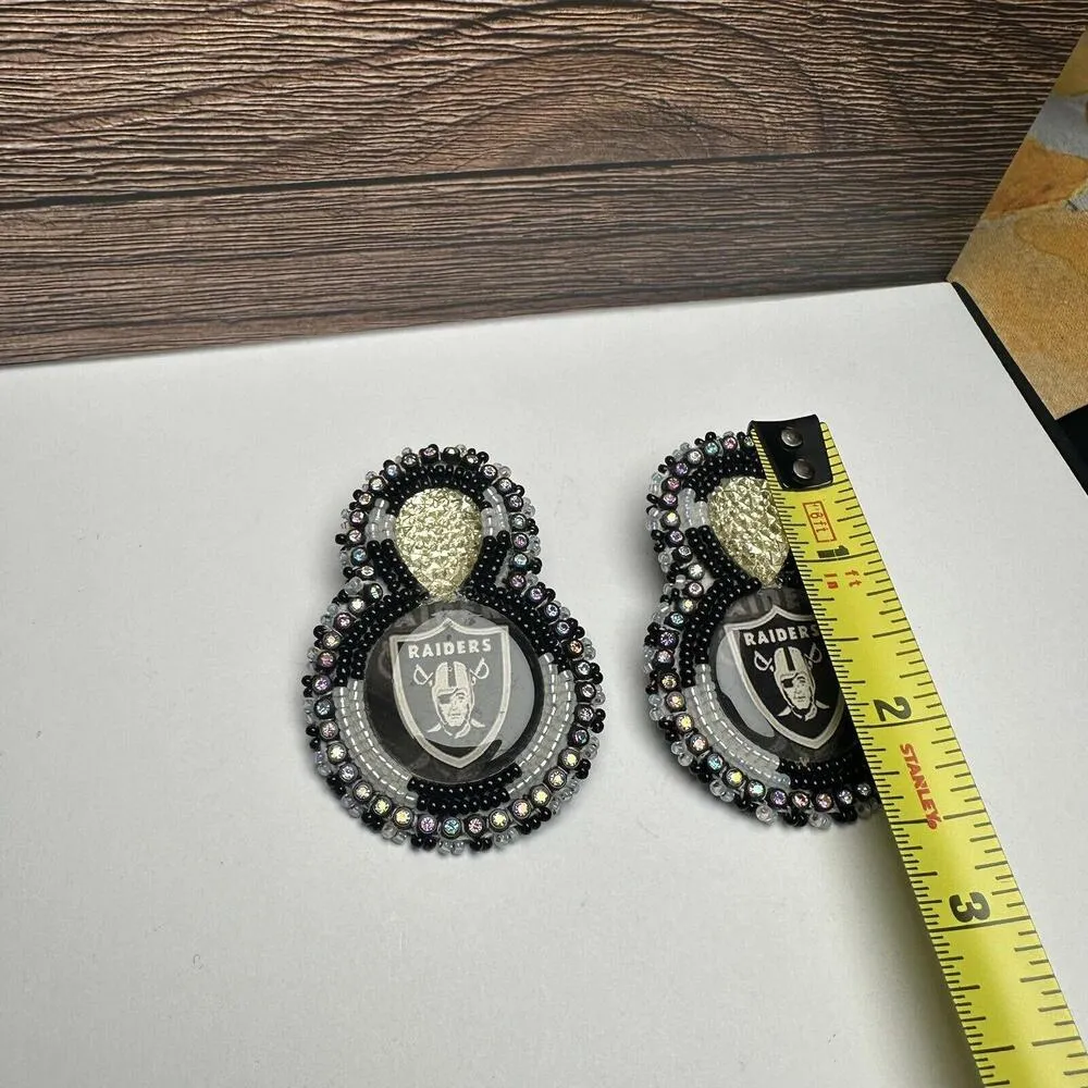 Raiders Football Team Beaded Bead Rhinestone Hand Crafted Pierced Earrings - Image 3