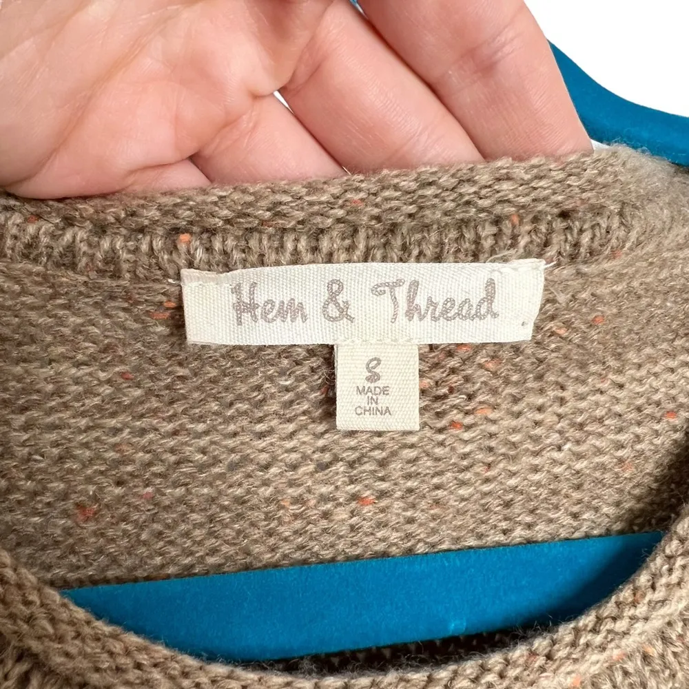 Hem & Thread Tan Knit Gray Fair Isle Stripe 3/4 Length Sleeve Sweater - Image 10