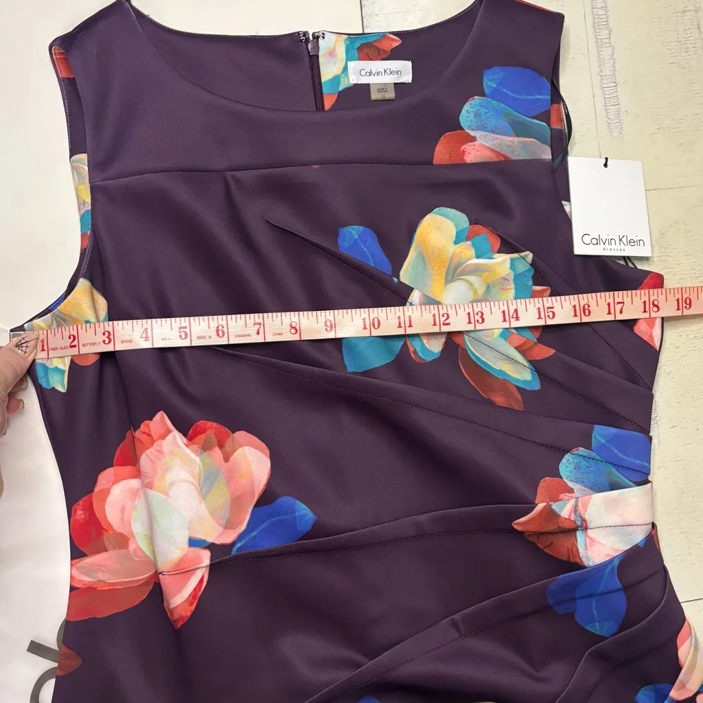 Calvin Klein Scuba Floral Printed Asymmetrical Ruching Sheath Dress Size 12 New - Image 4