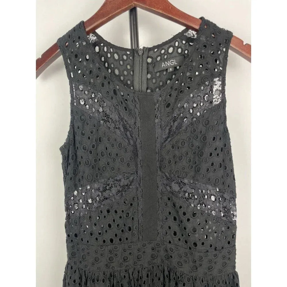 Angl Black Lace Peekaboo Eyelet Sleeveless A-Line Mini Club‎ Party Dress Size S - Image 2