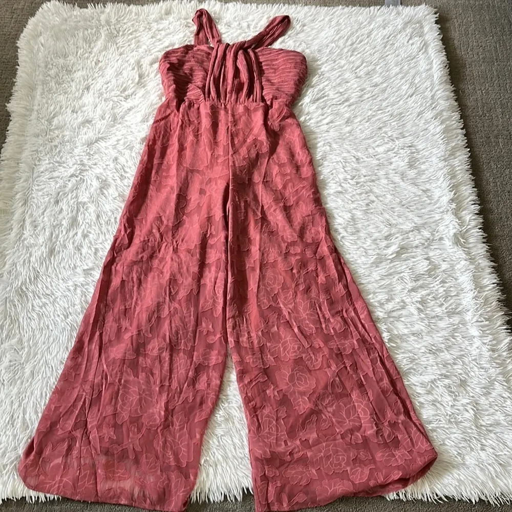 Lulus Lovely Celebration Floral Burnout Chiffon Jumpsuit deep Rose size Medium - Image 2