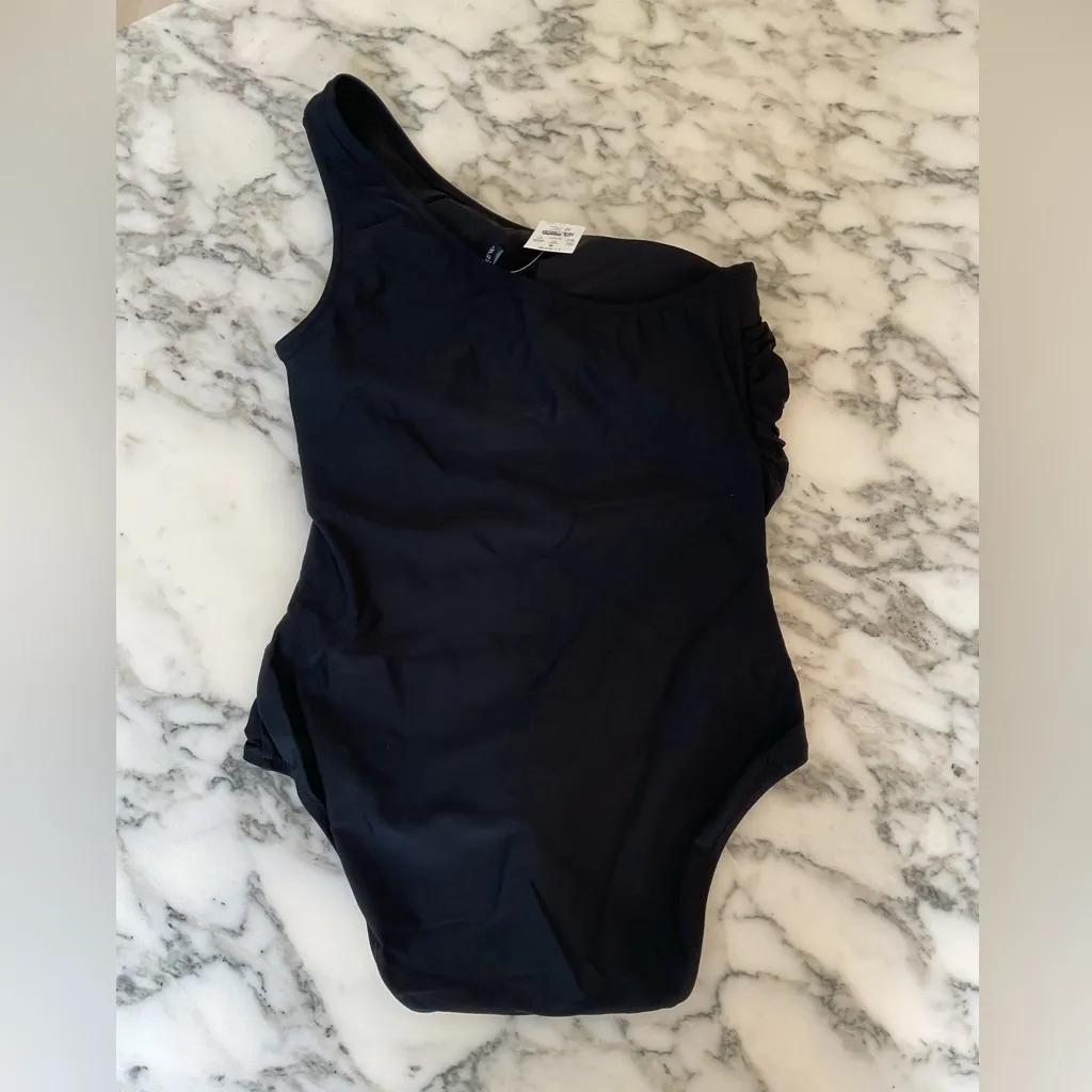 NWT J Crew Ruched Swimsuit Reg Rise Sz L One Shoulder Shelf Bra Black w Liner Size L - Image 12
