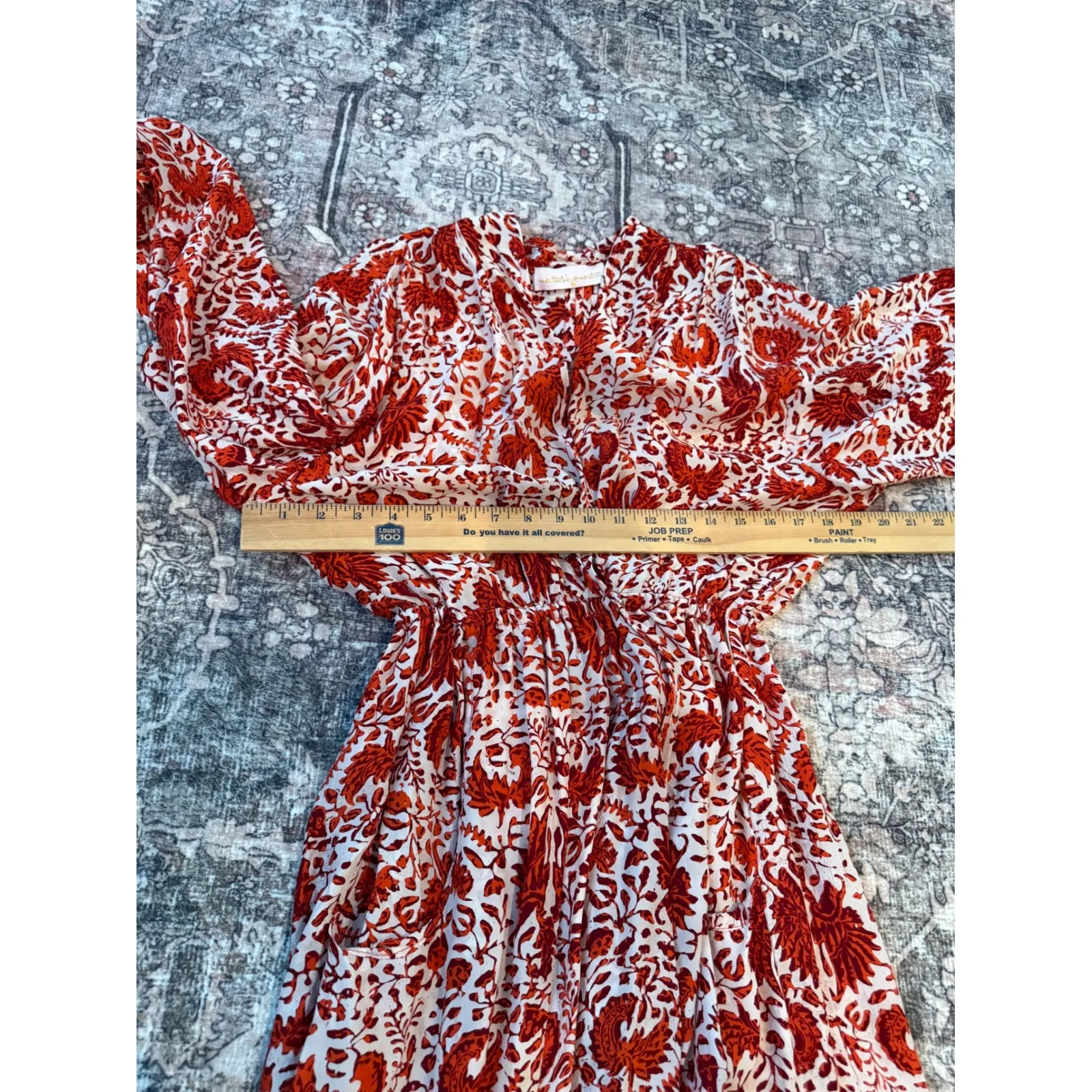 Natalie Martin 100% Silk Dress Red Print Smocked Waist Wrap Mini Long Sleeve M - Image 7