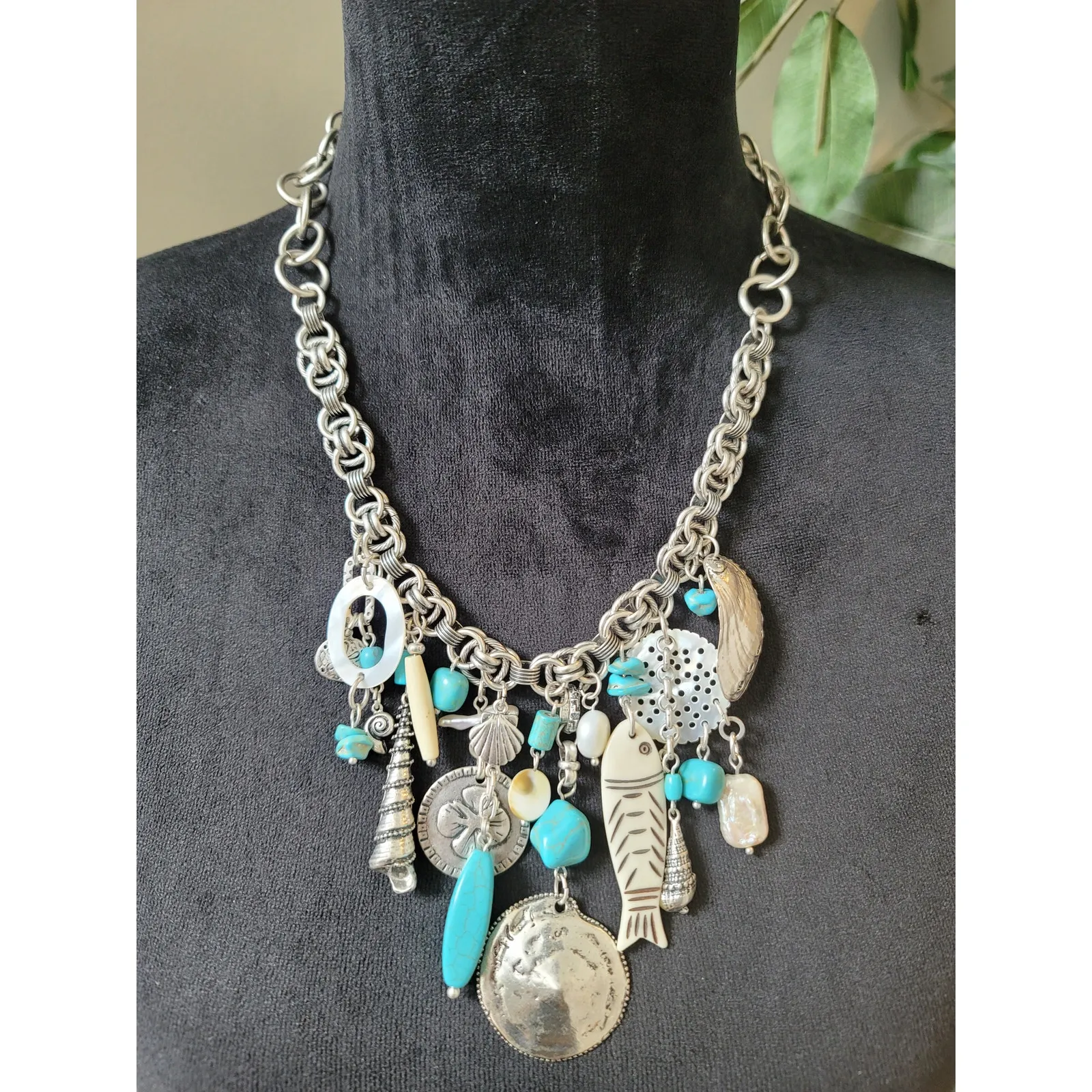 Chico's Women's Silver Tone Charm Necklace With Toggle Lock Fish Shell Beads - Image 2