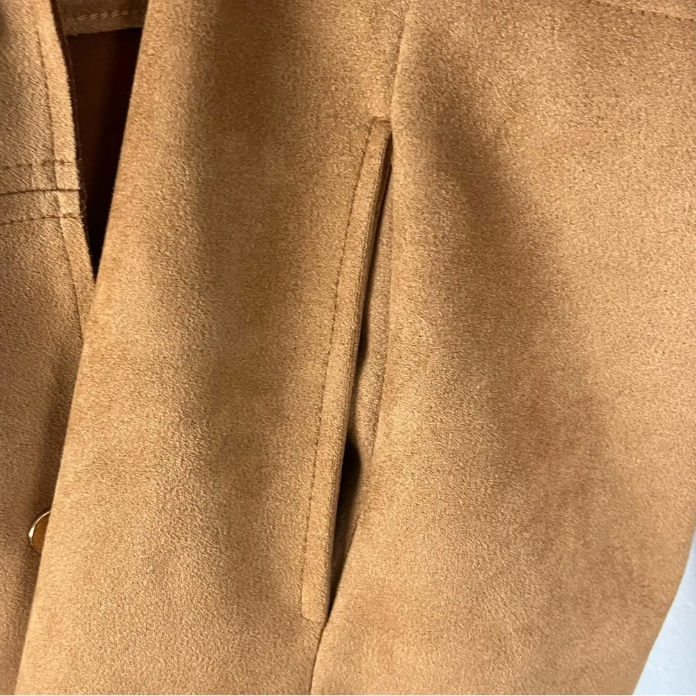 ZARA Faux Suede Vegan Fur Trim Camel Snap Button Closure Side Pocket Coat Small - Image 10