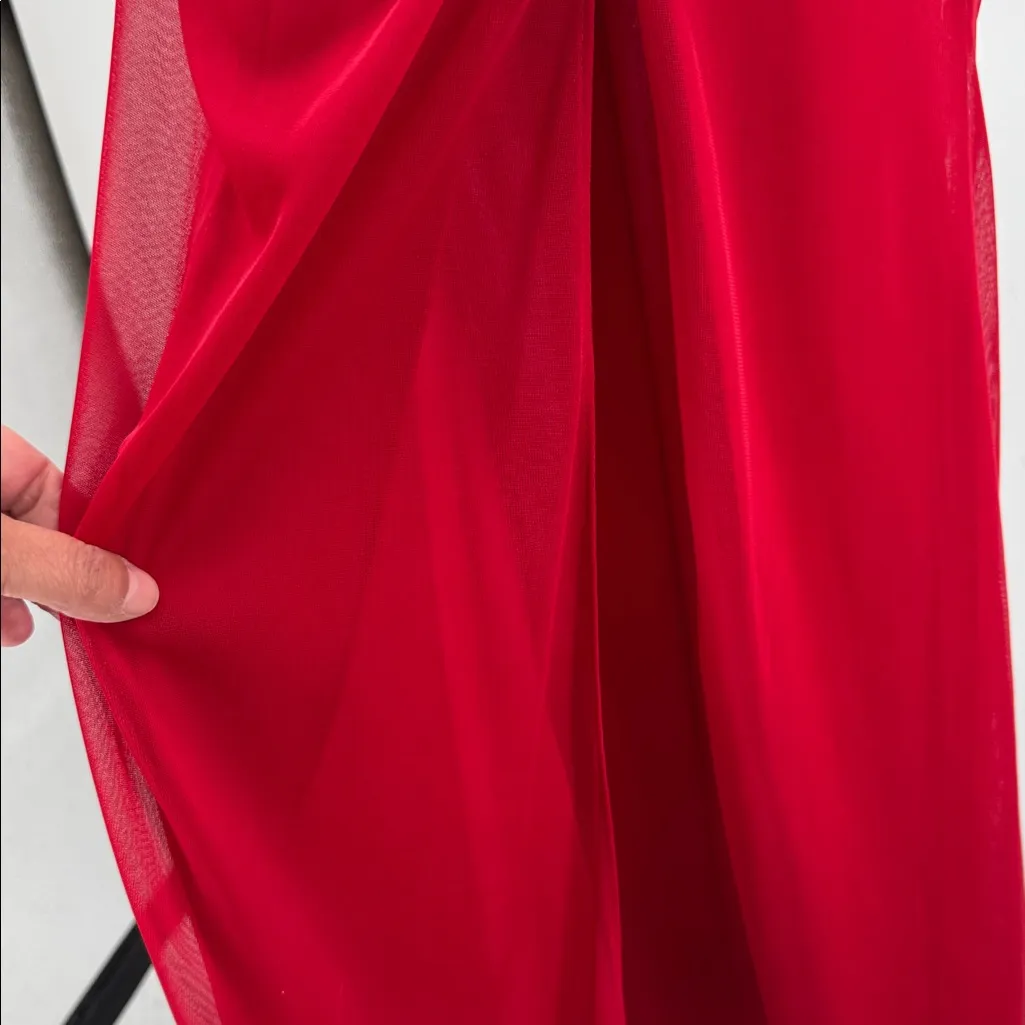 Xscape Red Dress formal jeweled slit 2 ruched evening holiday event retro dance - Image 9