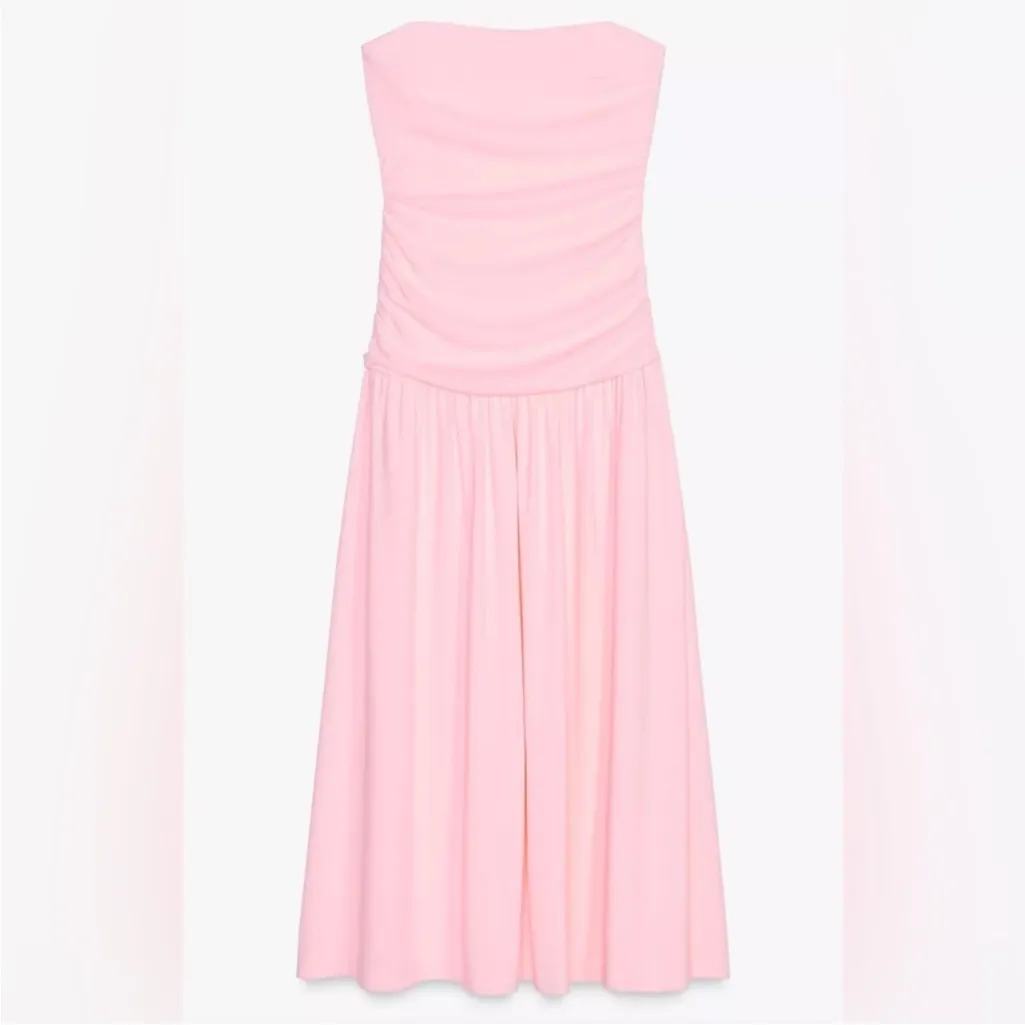 Zara NWT light pink strapless bandeau ruched drop waist midi flowy shift dress - Image 6