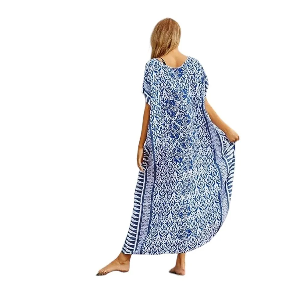 CUPSHE LONG KAFTAN COVERUP BLUE WHITE PRINT DRESS OS - Image 5
