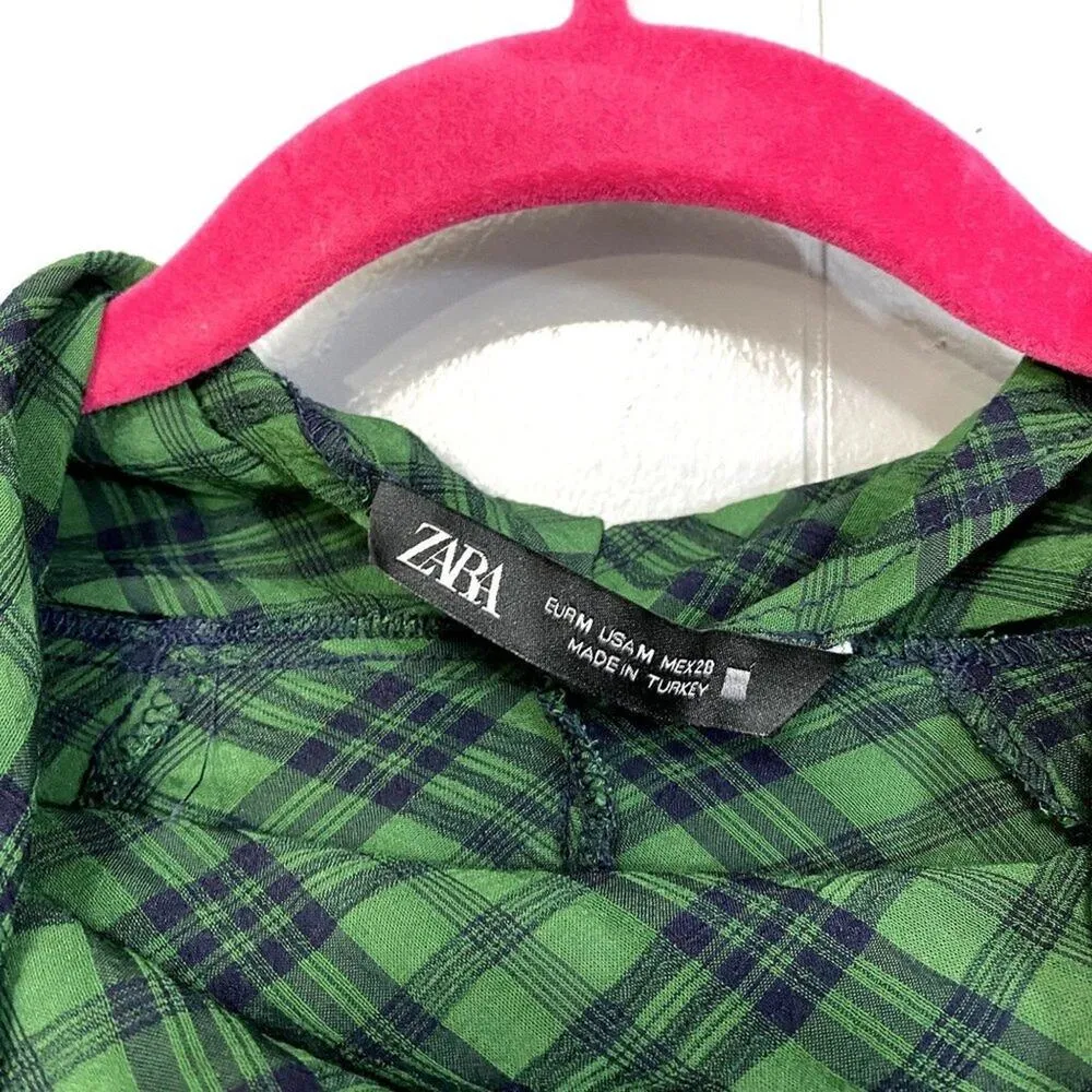 Zara Green Plaid Cowl-neck Long Wide Sleeves Oversized Preppy Holiday Top M - Image 3