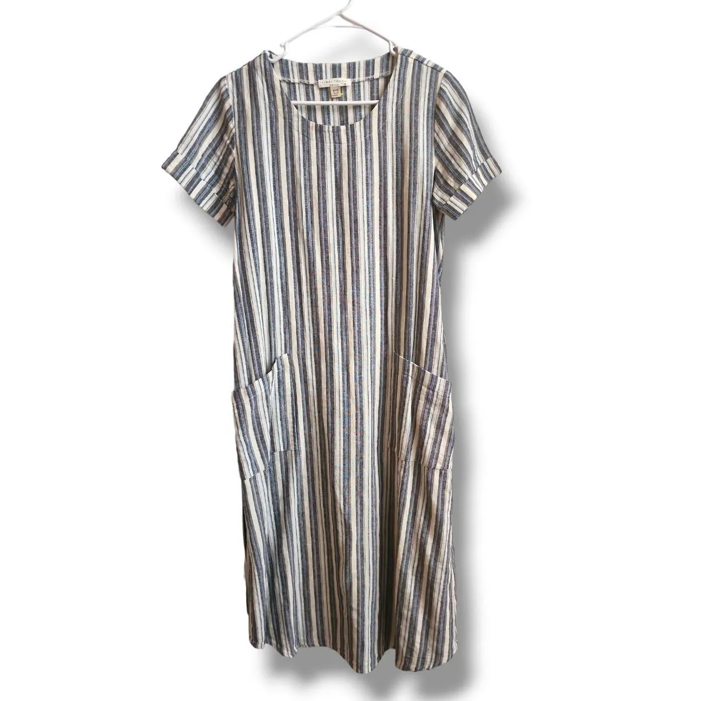 Final Touch blue grey Linen midi striped sheath pocket dress w belt sz S comfort - Image 2