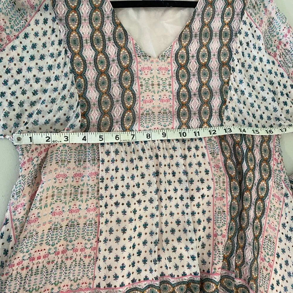 Rebecca Minkoff Pink Redland Bell Sleeve Patchwork Bohemian Mini Dress Small - Image 4