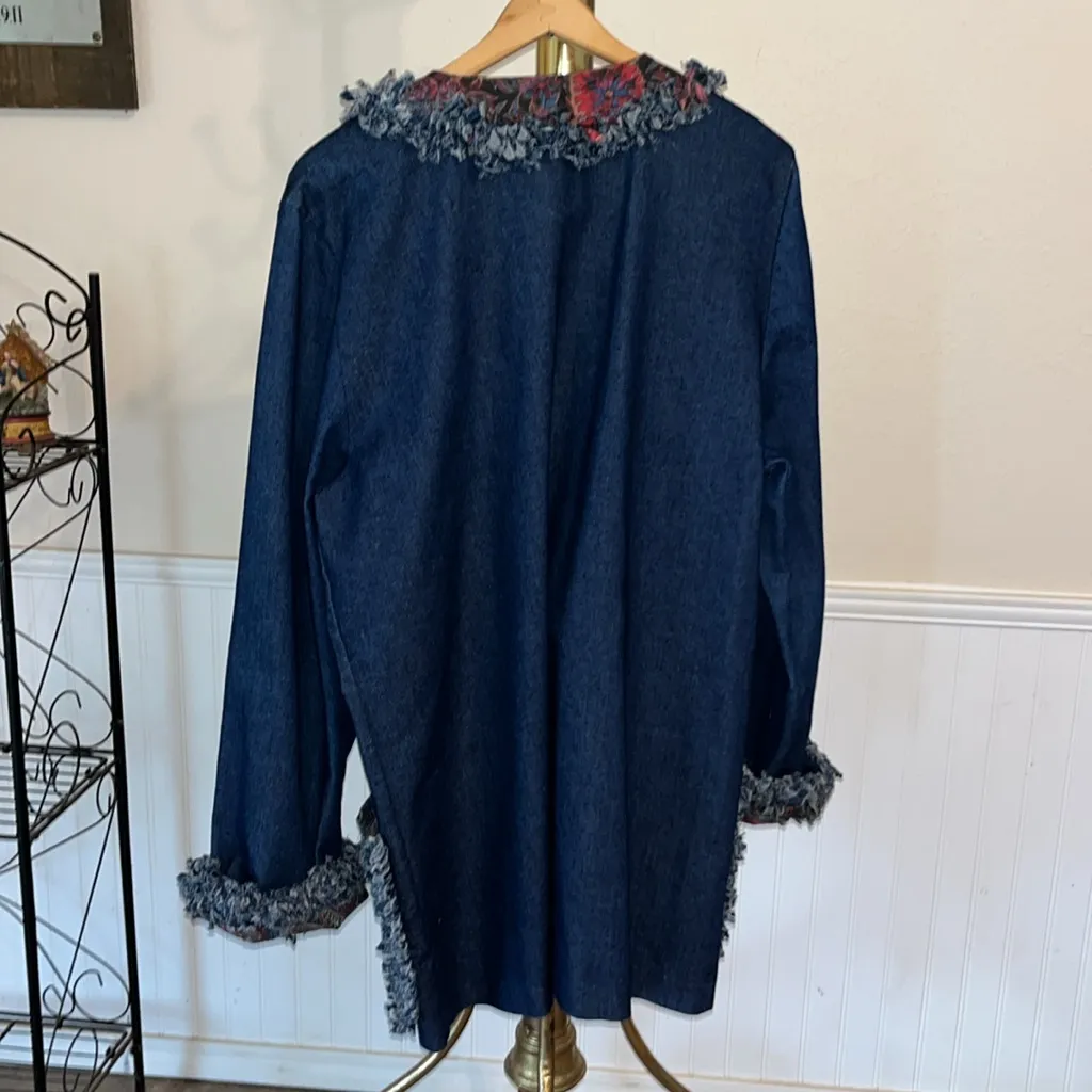 80s Handmade Vintage Denim Blue Paisley Trim Women's Open Jacket Jean Jacket Size L - Image 7