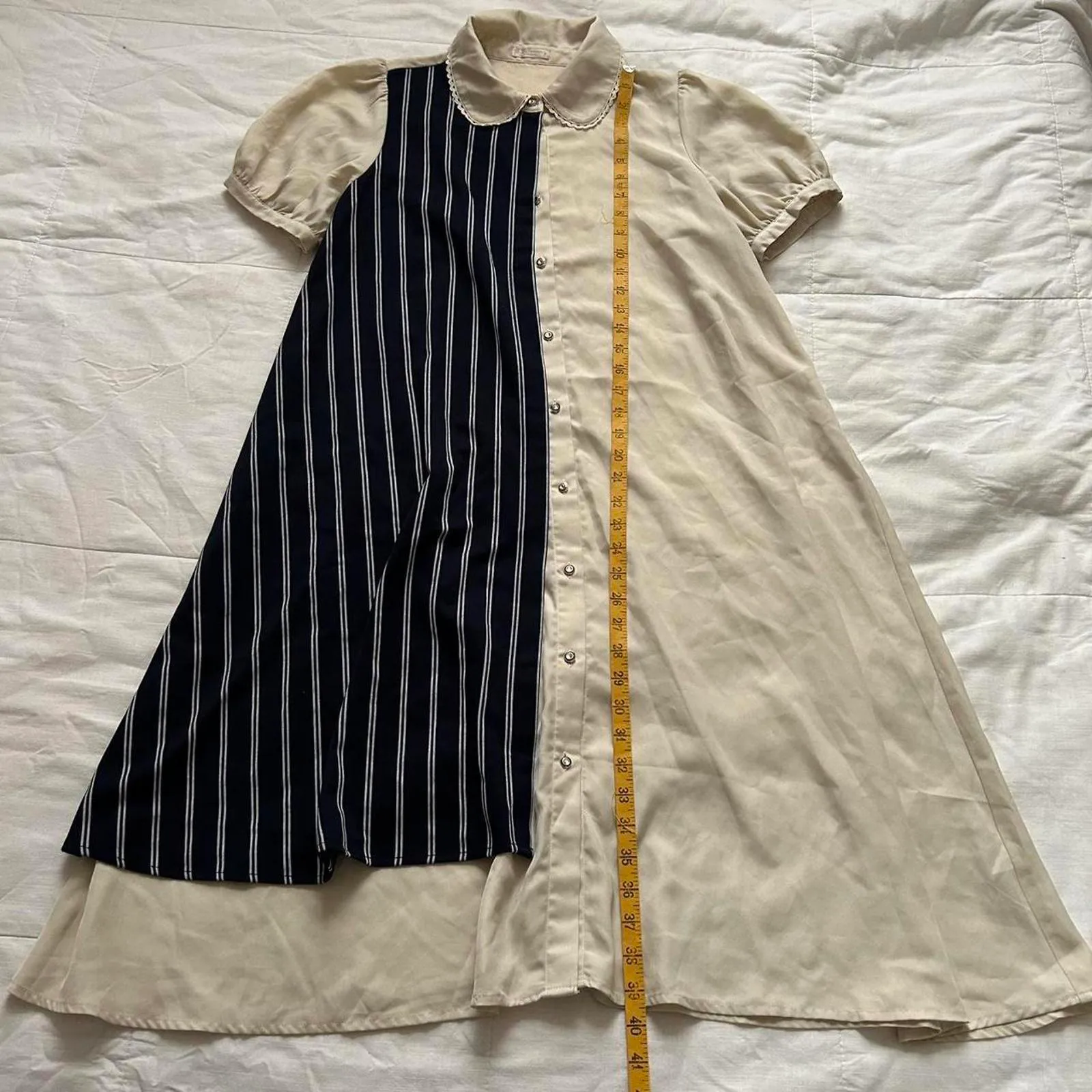 Axes Femme Poetique Cream navy striped midi dress removable belt Size medium Blue - Image 3