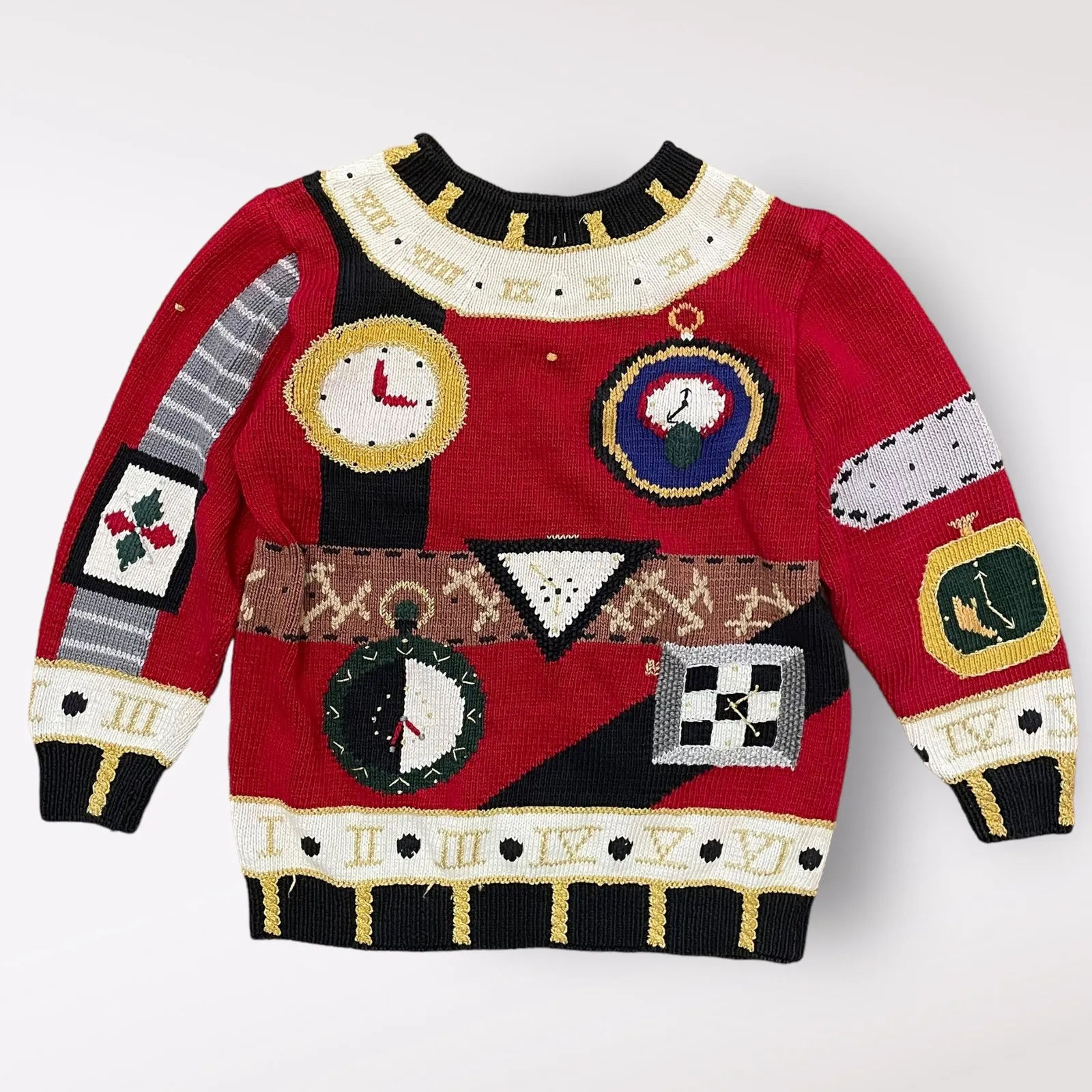 Berek Vintage 1991 Hand knit Clock Pima Cotton Sweater Size S Got Time, Clock Black - Image 1