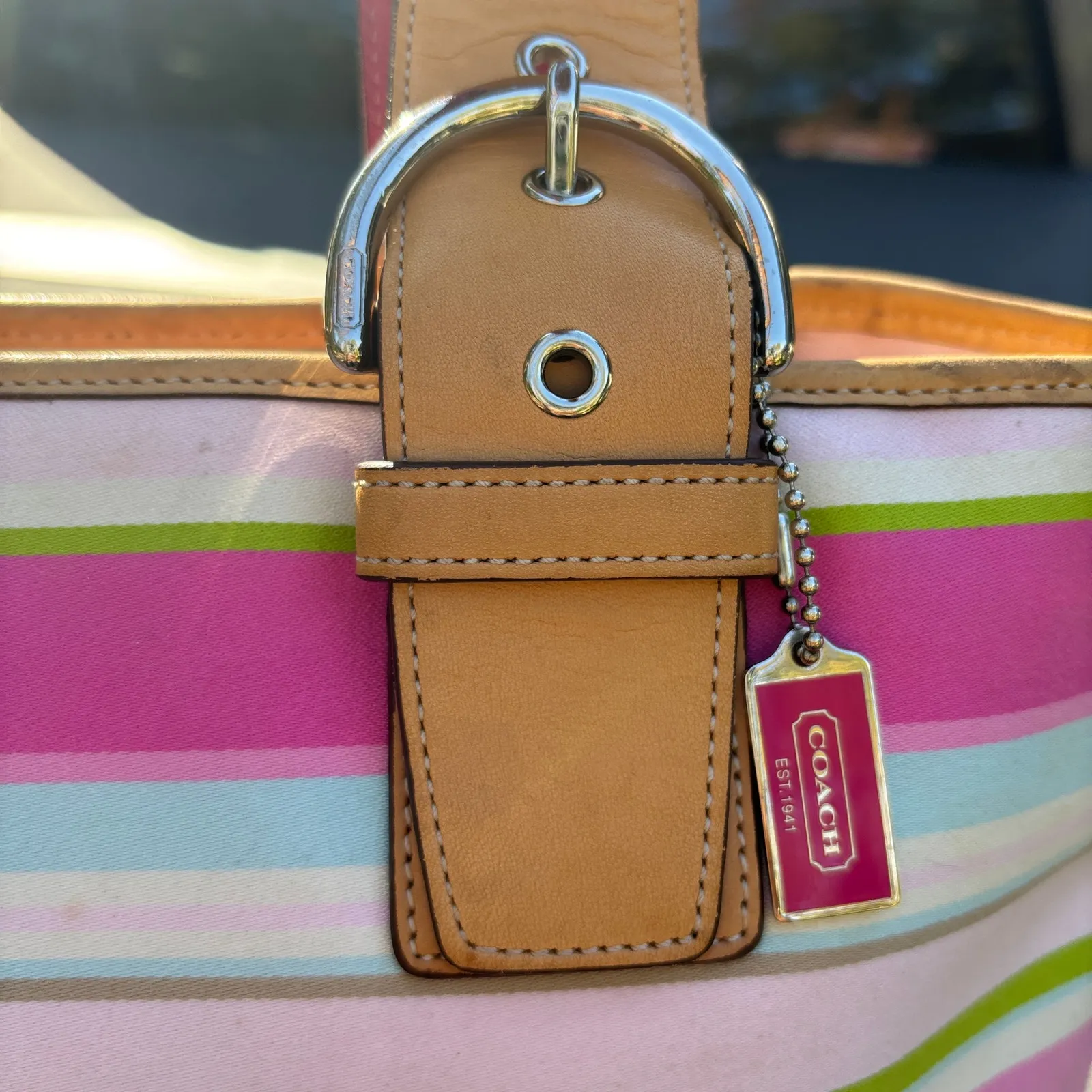 Coach Hampton Pink Striped Canvas Tan Leather Top Zipper Tote Bag Purse 5175 - Image 5