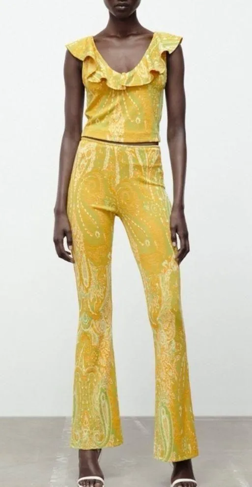 Zara jacquard flare yellow mustard pants NEW - Image 2