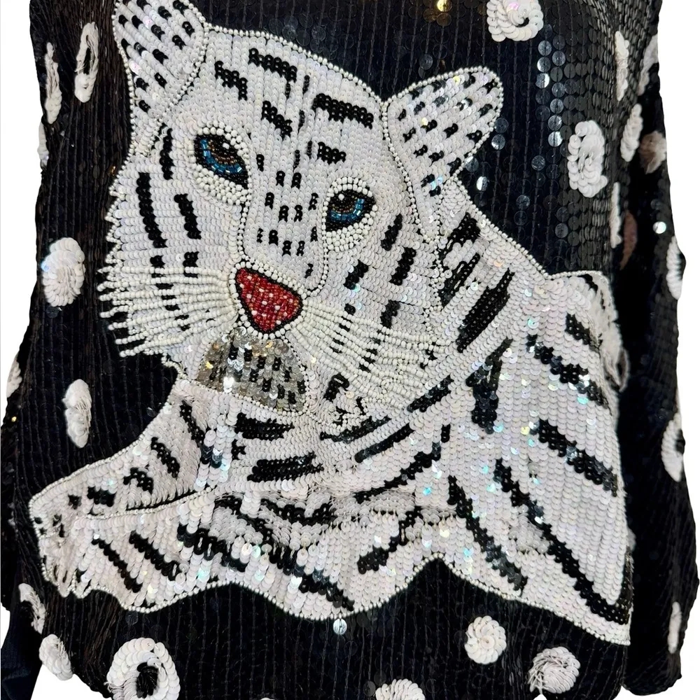 True Vintage 80s Sequin Beaded Tiger Top Dress Black Silk Batwing Sleeve Size undefined - Image 4