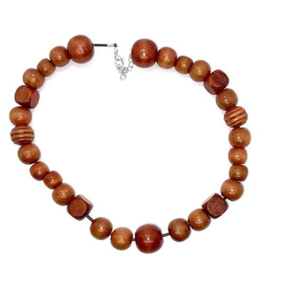 Handmade Wooden Beaded Necklace Cherry-tone wood - Image 2