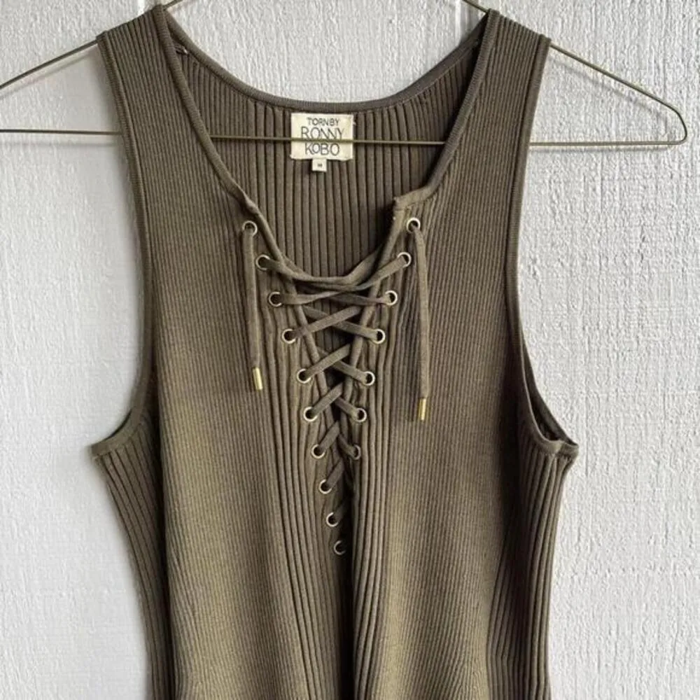 Torn by Ronny Kobo‎ Lace Up Ribbed Knit Mini Dress in Olive Green Size M - Image 4