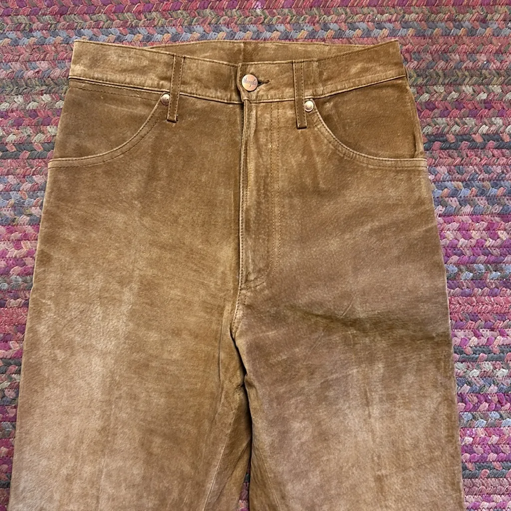VTG BROWN SUEDE LEATHER WRANGLER HIGH RISE WESTERN PANTS RARE FIND Tan - Image 2