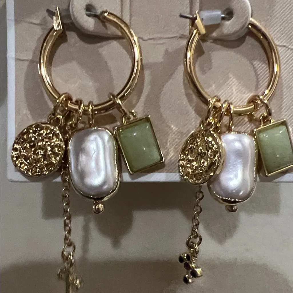 Song of Style Gold and Cream Earrings with Green Accents - Image 2