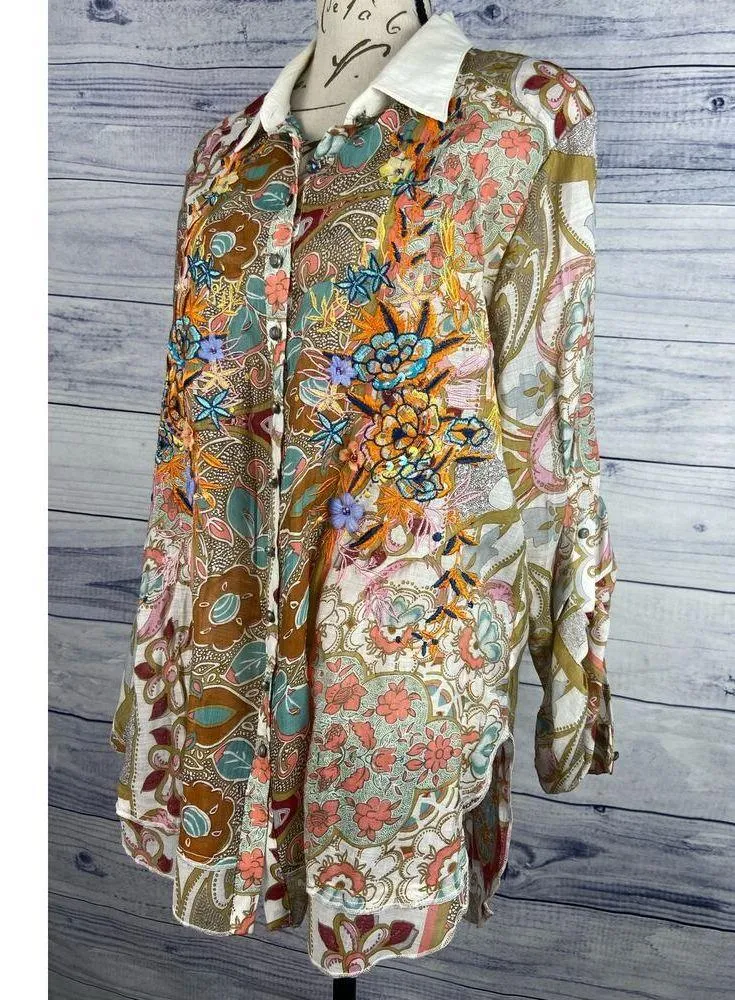 Cyrena Embroidered Button Front Shirt Womens S Floral Beaded Sequin Boho Hi Low - Image 4