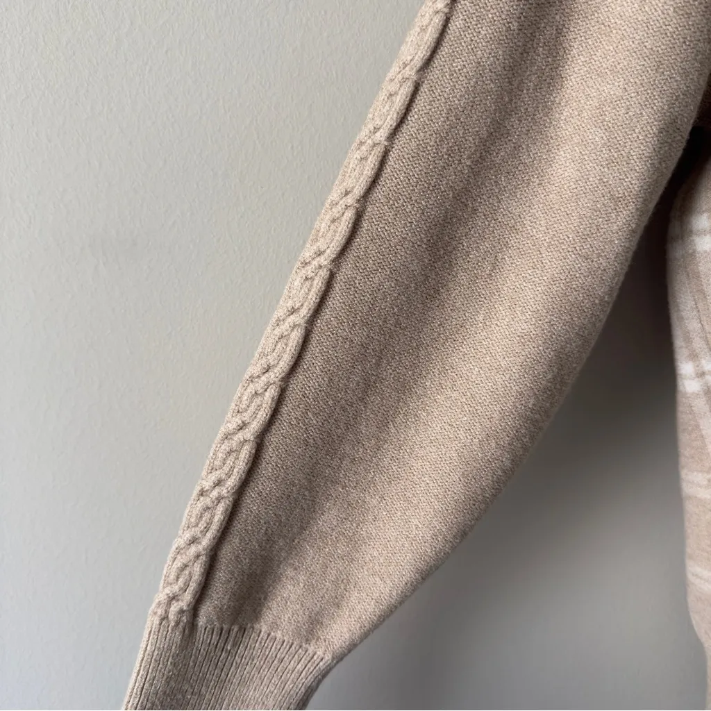 Joie Beige Plaid Cardigan long sleeve cable knit accent button down front - Image 9
