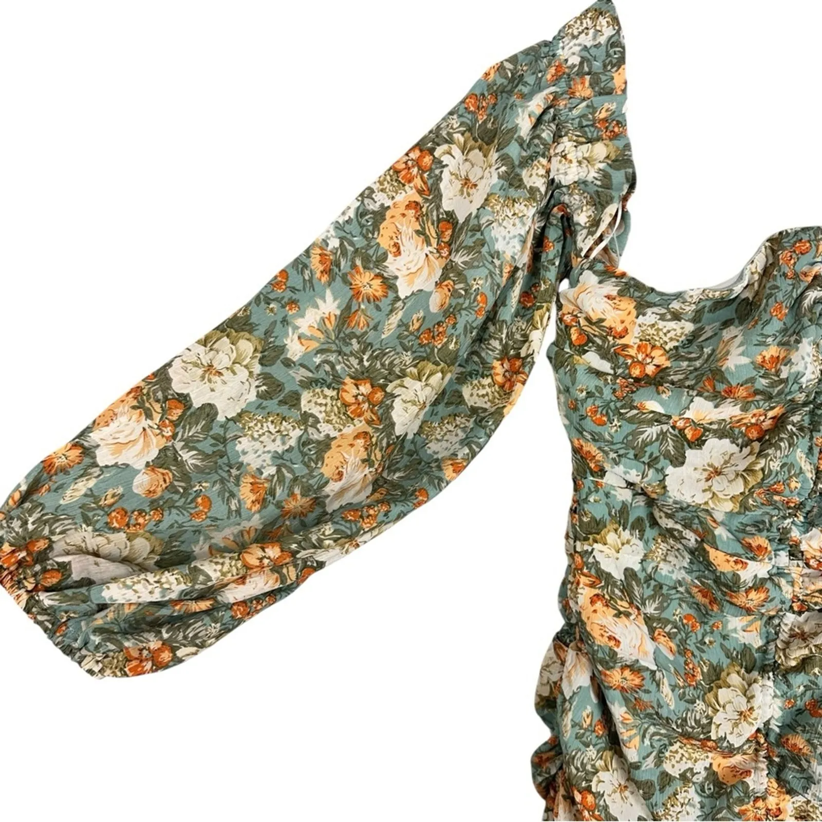 Hello Molly Basque Country Long Sleeve Ruched Mini Dress Floral Sage Medium NWT - Image 7