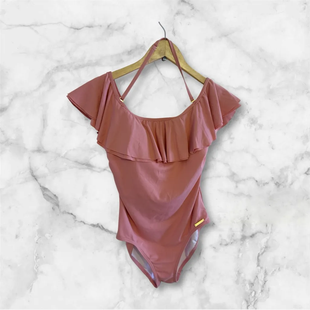 Michael Kors Pink Ruffle Swimsuit Built in Shelf Bra Padded Cups Off Shoulder 6 - Image 5