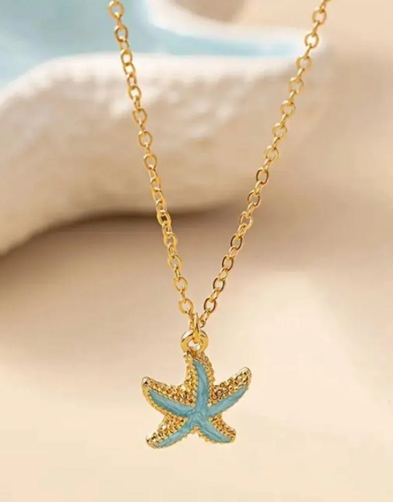 Gold and Blue Starfish Pendant Necklace - Image 2